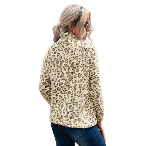 Women Leopard Quarter-Zip Fleece Sweatshirt - Picture 2 of 5